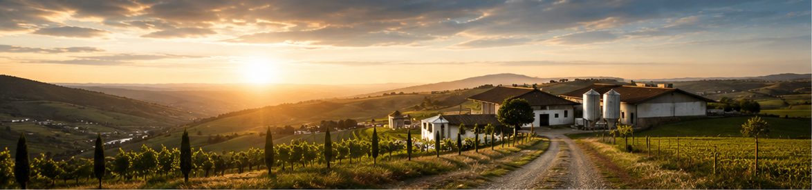 La strada bianca che sale alla Tenuta Belmonte all'alba, tra filari e cipressi, con la casa padronale e i silos del mangime sullo sfondo